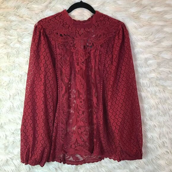 Torrid Red Lace Blouse, Long Sleeve, Puff Sleeves, Vintage inspired - Picture 5 of 16